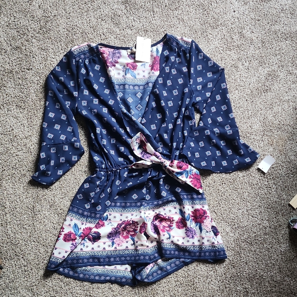 Living Doll Navy and Pink Floral Romper